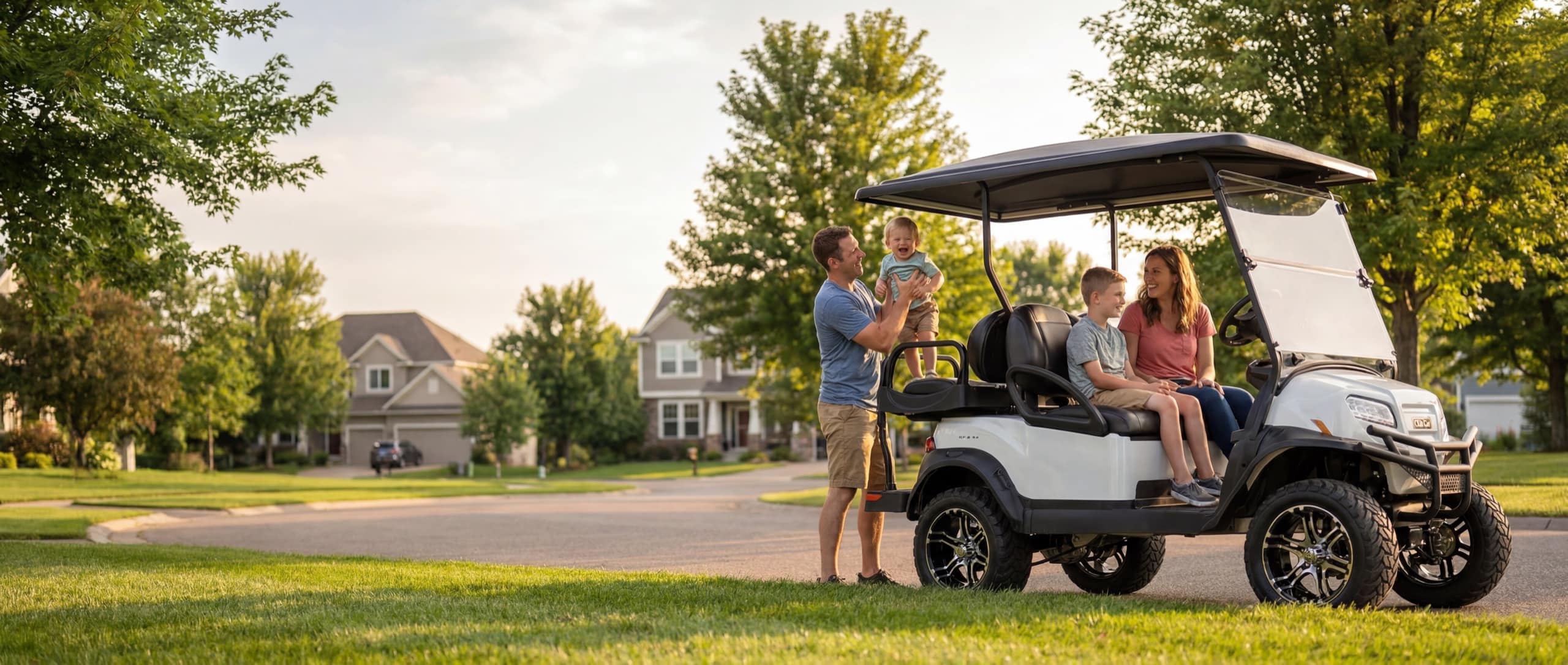 Family with a lifted white Club Car Onward on a Minnesota neighborhood street at golden hour