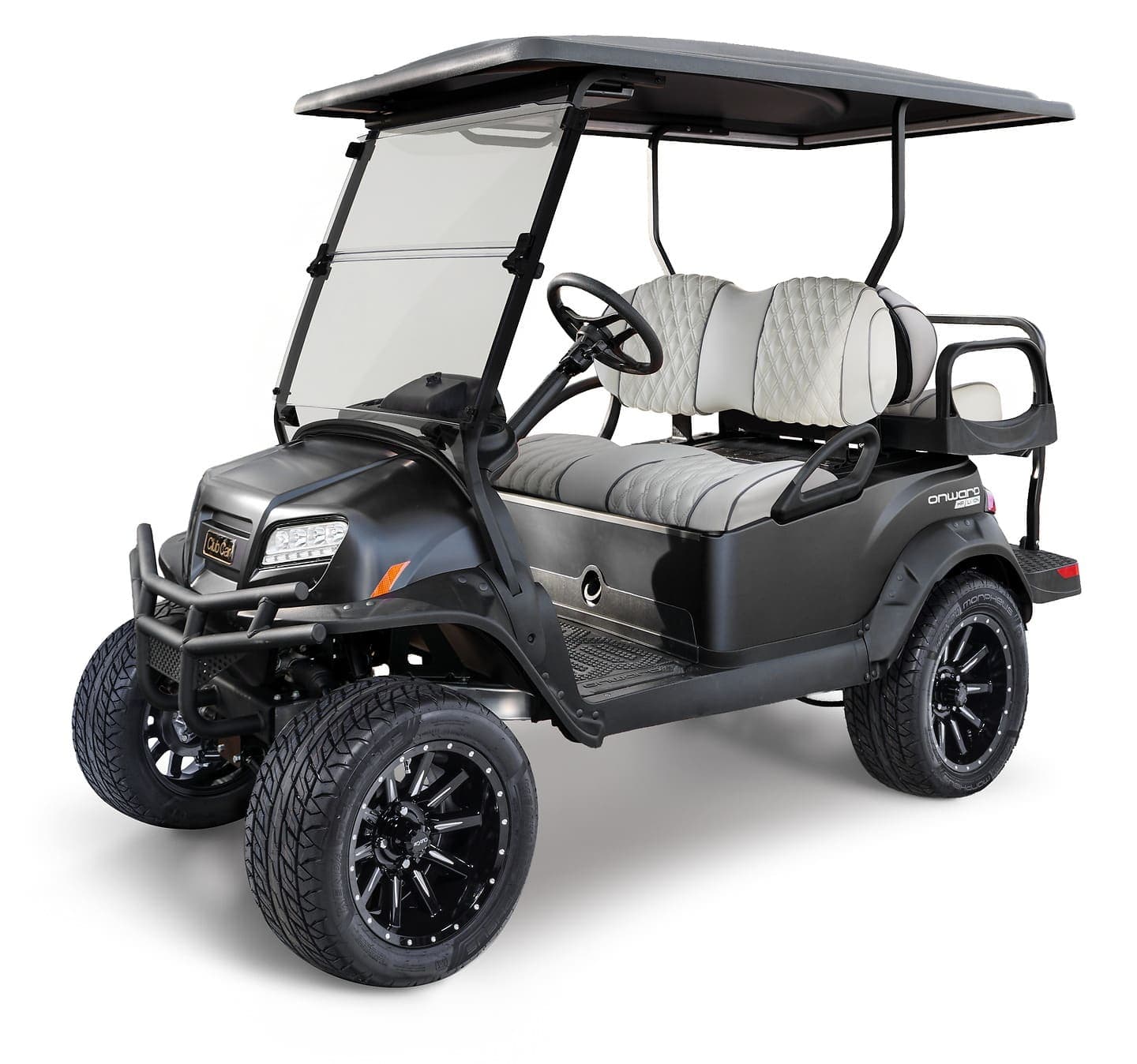 Club Car Onward 4-passenger lifted in matte graphite with diamond-stitch seats